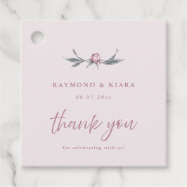 Zachte gedempte stoffige roze pioen bruiloft bedankjes labels