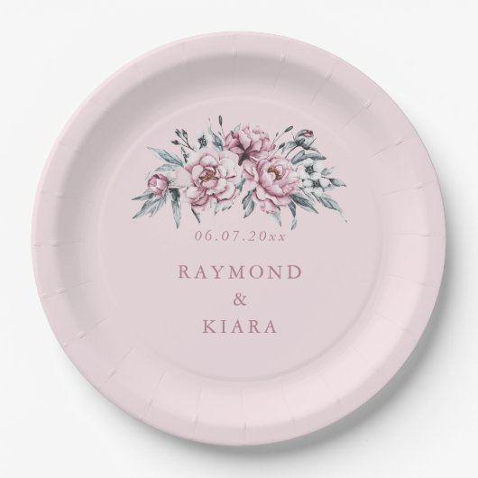 Zachte gedempte stoffige roze pioen bruiloft papieren bordje (Voorkant)