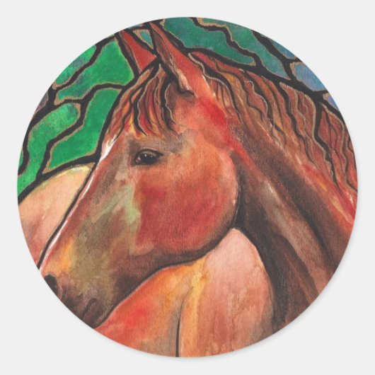 Zachte Geest Paard Glas in lood Mozaïek Kunst Ronde Sticker (Voorkant)
