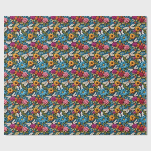 Zachte gehaakte look bloemen en libellen cadeaupapier (Vlak)
