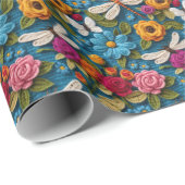 Zachte gehaakte look bloemen en libellen cadeaupapier (Rol Hoek)