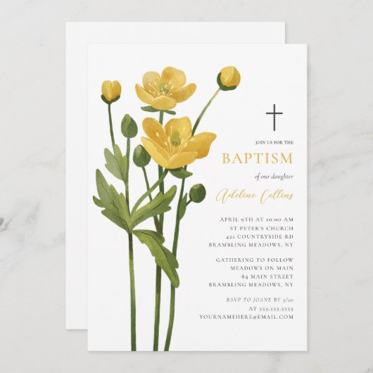 Zachte gele bloesems Elegante Script doop Kaart (Voorkant / Achterkant)