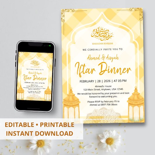 Zachte Gele Geruite Iftar Uitnodiging Waterverf