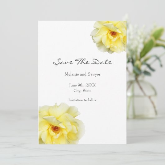 Zachte gele roze save the date (Staand voorkant)