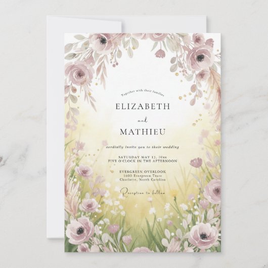 Zachte Gele Wilde Bloemen Bruiloft Kaart (Voorkant)