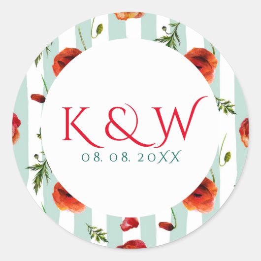 Zachte geur en witte strepen met rode papavers ronde sticker (Voorkant)