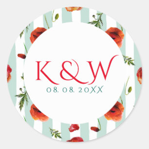 Zachte geur en witte strepen met rode papavers ronde sticker