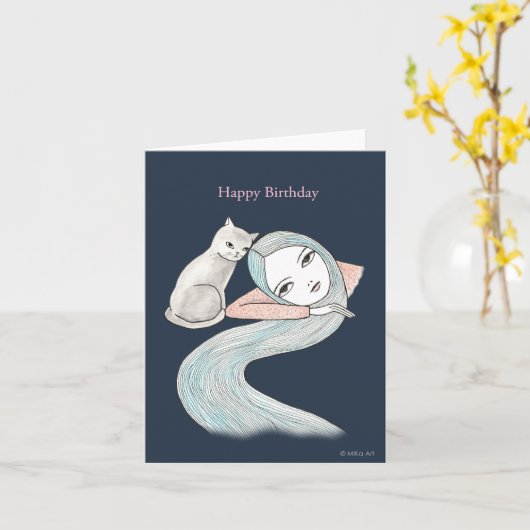 Zachte Gothic Witchy Birthday Long Hair Girl en ee Kaart (Gele Bloem)