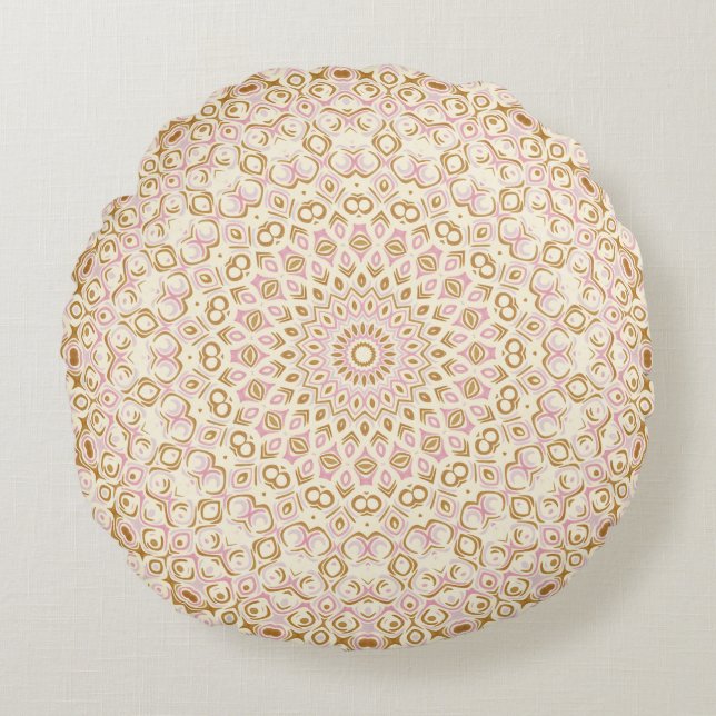 Zachte Gouden Blush Mandala Ontwerp Rond Kussen (Voorkant)