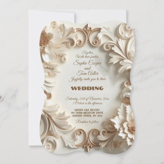 Zachte gouden witte barokke elegantie bloemenwerve kaart (Voorkant)