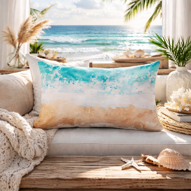Zachte Gradiënt Kust Zandstrand Teal Oceaan Golven Kussen (soft gradient sandy beach waves lumbar pillow)