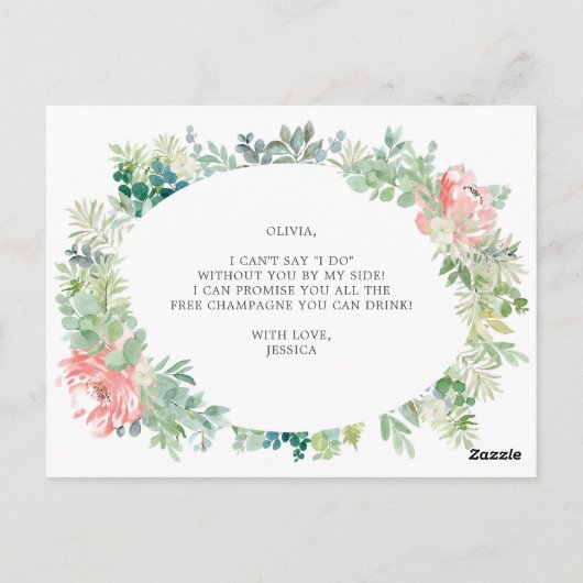 Zachte Greenery Bridesmaid-Kaart Briefkaart (Achterkant)