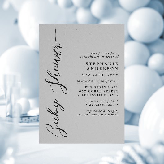 Zachte Grijze Moderne Script Baby Shower  Kaart