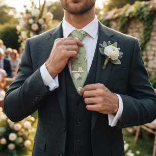 Zachte Groen Witte Pioen Chintz Boeket Patroon Stropdas