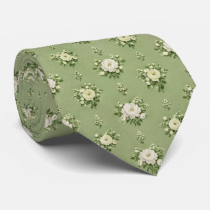 Zachte Groen Witte Pioen Chintz Boeket Patroon Stropdas