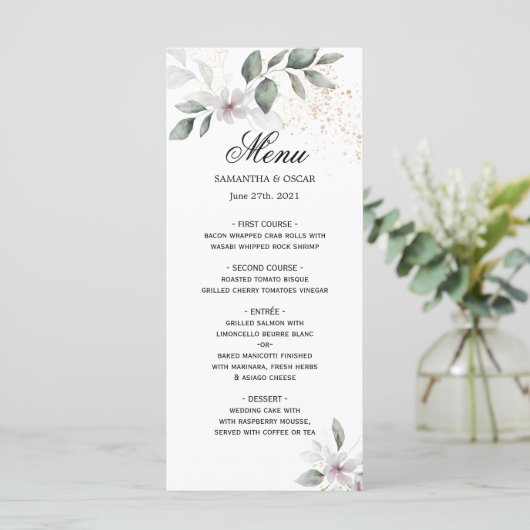 Zachte Groene Aquarel Blad & Bloem | Goud Menu (Staand voorkant)