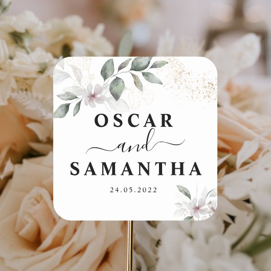 Zachte Groene Aquarel Blad & Bloem | Goud Vierkante Sticker