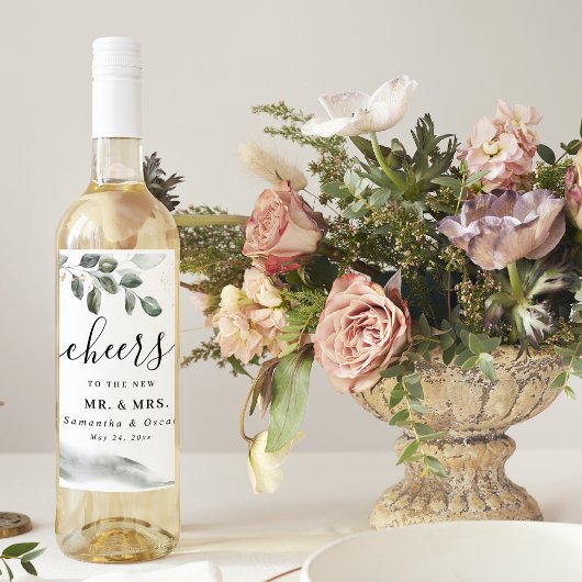 Zachte Groene Aquarel Blad | Goudstof Wijn Etiket