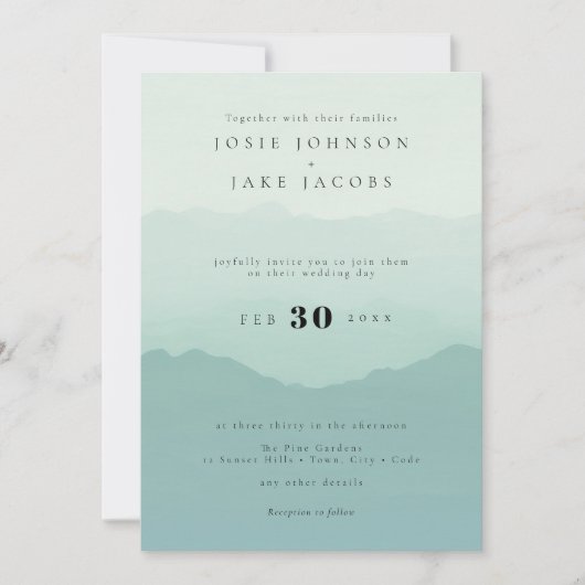 Zachte groene bergen bruiloft uitnodiging (Voorkant)