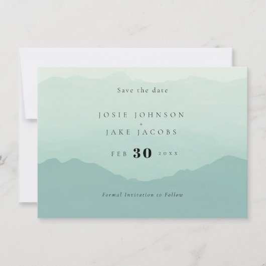 Zachte groene bergen redden de datum save the date (Voorkant)