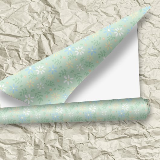 Zachte Groene Bloemen met Wit Blauw Gele Bloemen Cadeaupapier