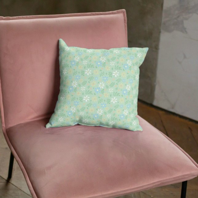 Zachte Groene Bloemen met Wit Blauw Gele Bloemen Kussen (Creator heeft geüpload)