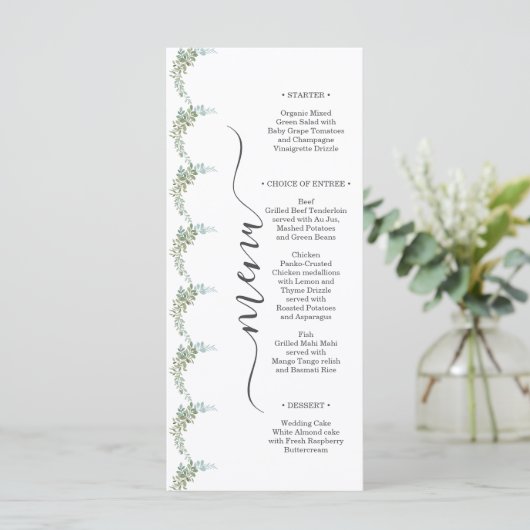 Zachte Groene Eucalyptus Aquarel Rustieke Bruiloft Menu (Staand voorkant)