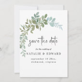 Zachte Groene Eucalyptus Waterverf Rustieke Huweli Save The Date (Voorkant)