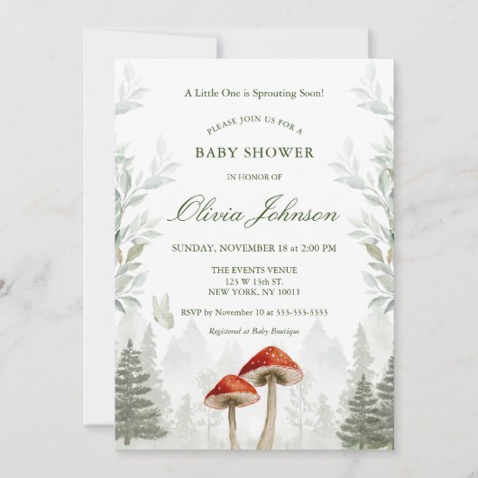 Zachte groene paddenstoel thema Baby shower uitnod Kaart (Voorkant)