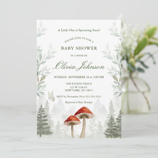 Zachte groene paddenstoel thema Baby shower uitnod Kaart (Staand voorkant)