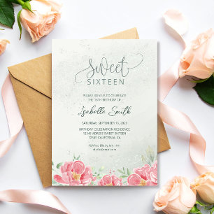 Zachte Groene & Roze Glitter Bloemige Sweet 16 Ver Kaart