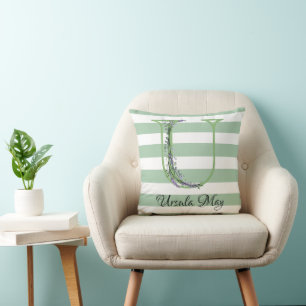 Zachte groene stroken monogram lavendel gebladerte kussen