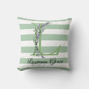 Zachte groene stroken monogram lavendel groen kussen