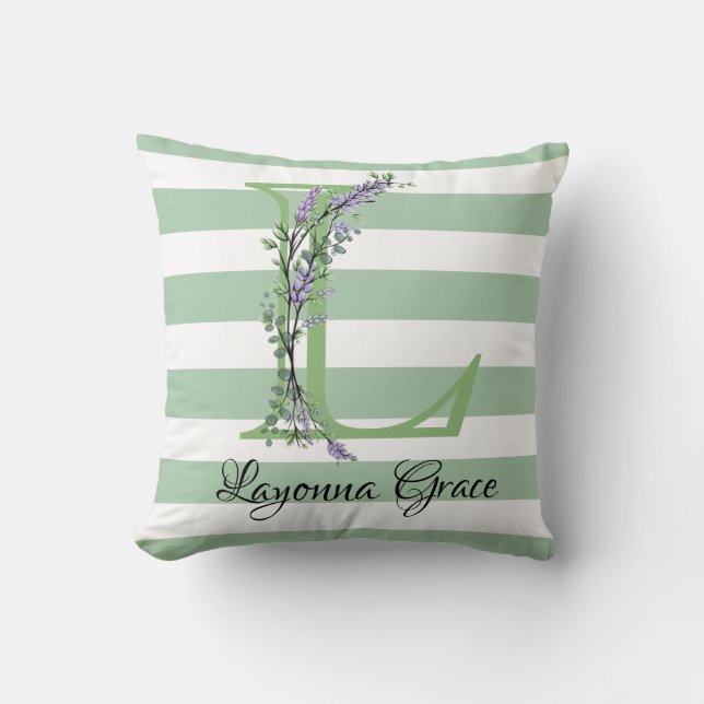 Zachte groene stroken monogram lavendel groen kussen (Voorkant)