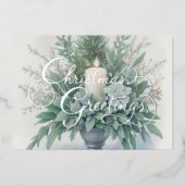 Zachte groene tinten kerstkaars folie feestdagenkaart (Voorkant)