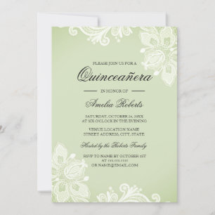Zachte Groene Vintage Kant Quinceanera Uitnodiging