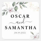 Zachte Groene Waterverf Blad & Bloem | Goud Vierkante Sticker (Voorkant)