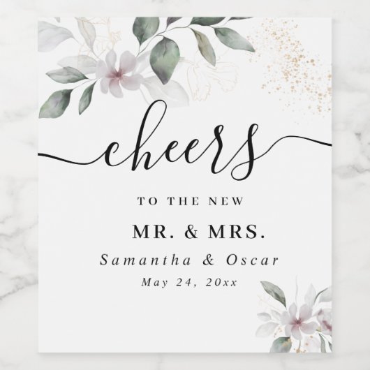 Zachte Groene Waterverf Blad & Bloem | Goud Wijn Etiket (Enkel label)