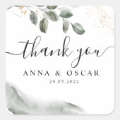 Zachte Groene Waterverf Blad | Goudstof Vierkante Sticker (Voorkant)