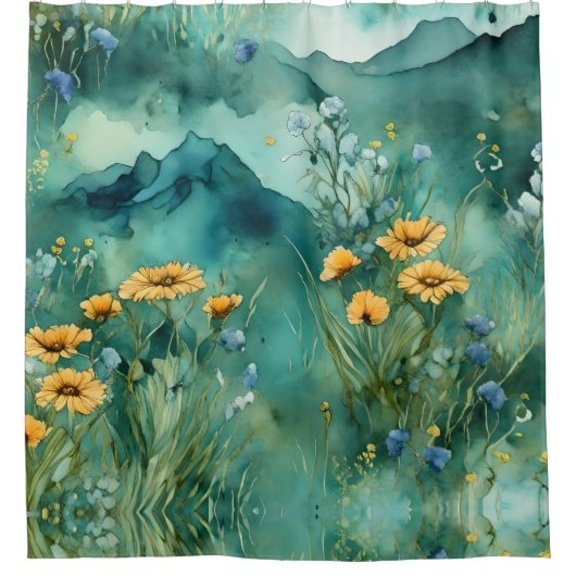 Zachte groene waterverf landschap wilde bloemen douchegordijn (Voorkant)