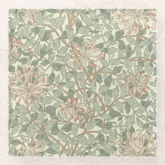 Zachte Groene  William Morris Honeysuckle Glazen Onderzetter (Voorkant)