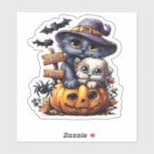 Zachte Halloween kat sticker � Heksenhoed, Pompoen (Vel)