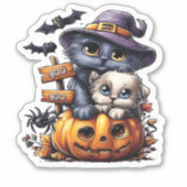 Zachte Halloween kat sticker � Heksenhoed, Pompoen (Voorkant)