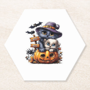 Zachte Halloween kat sticker � Heksenhoed, Pompoen Kartonnen Onderzetters