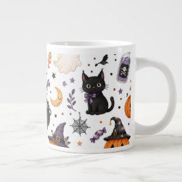 Zachte Halloween Naadloos Patroon met Zwarte Katte Grote Koffiekop