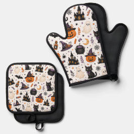 Zachte Halloween naadloos patroon met zwarte katte Ovenwant & Pannenlap Set