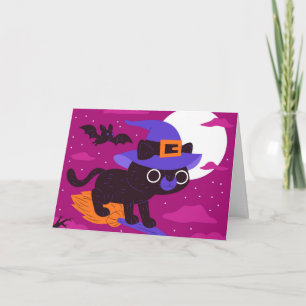 Zachte Heks Kat Vliegend op Bezem Halloween Kawaii Kaart