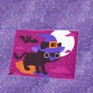 Zachte Heks Kat Vliegend op Bezem Halloween Kawaii Kaart