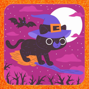 Zachte Heks Kat Vliegend op Bezem Halloween Kawaii Vierkante Sticker