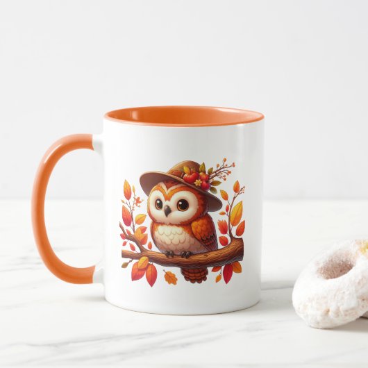 Zachte herfst seizoens uil monogram mok (Met donut)